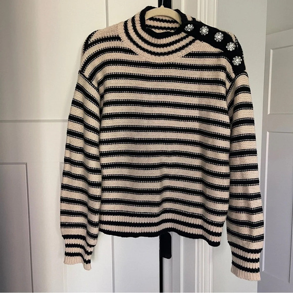 J.Crew Cableknit Mockneck Pullover In Stripe With Jewel Buttons - Picture 2 of 5
